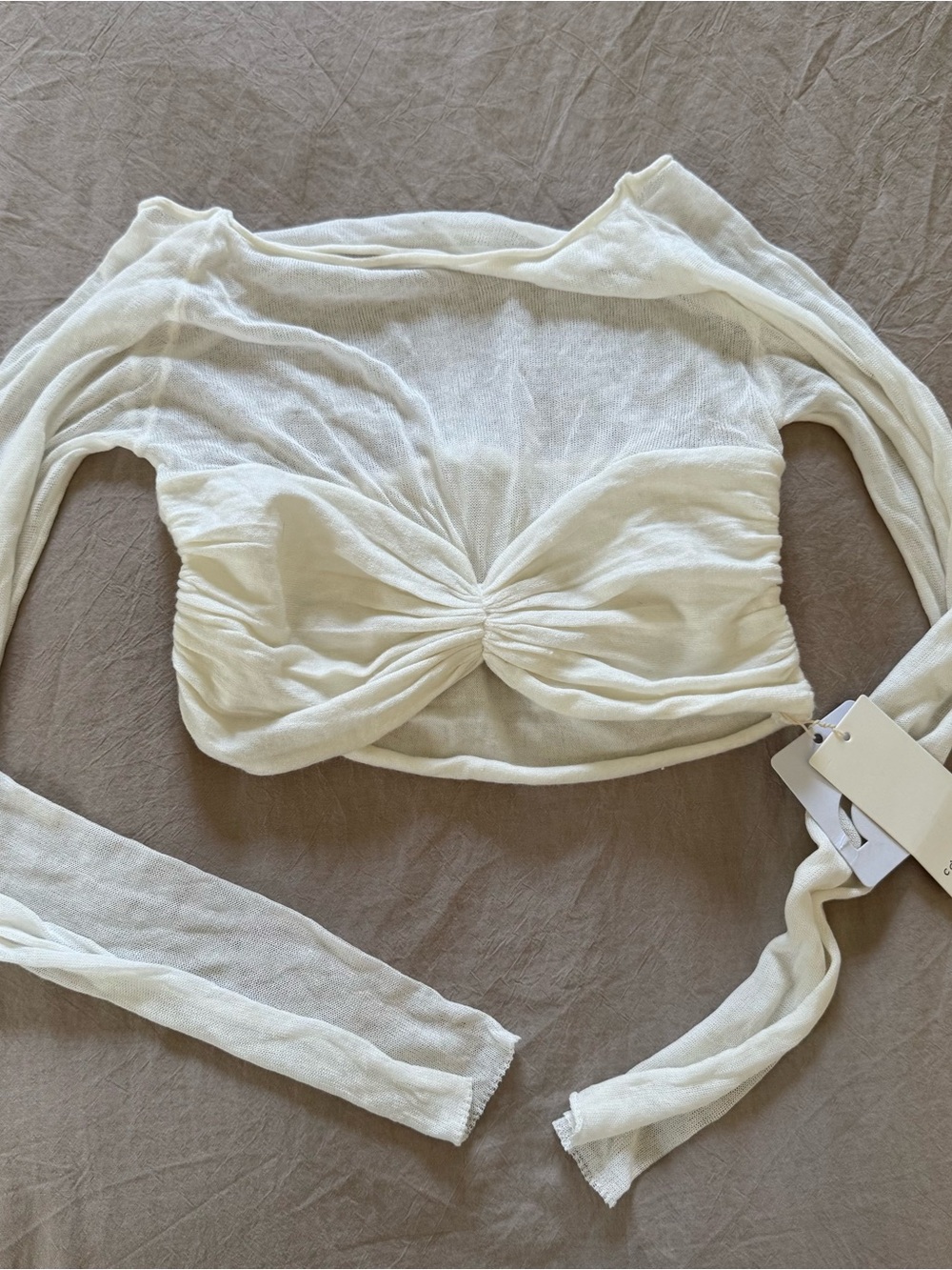 Commense Women’s Cream Twist-Front Long Sleeve Crop Top